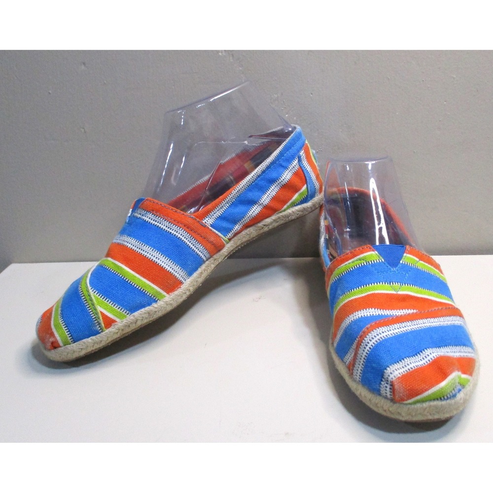 TOMS Womens 7.5 Alpargata Striped Canvas Slip On Shoes Blue Orange Espadrille